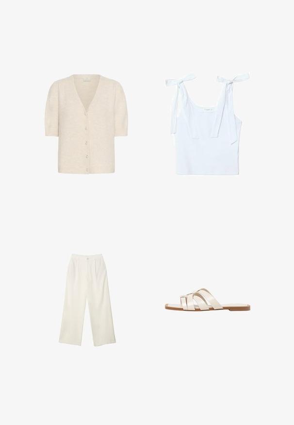Kaffe MARINA - Strickjacke - sandshell cc; Weißes Baumwoll-Top mit zwei Bindeträgern, rundem Ausschnitt und taillierter Passform, mit einer weichen, glatten Textur.; Helle Stoffhose mit weitem Bein und glatter Textur, ausgestattet mit einem einzelnen Knopf vorne, dezenten Falten und einem Hochbund-Design.; Flache Sandalen mit einer honigfarbenen Gummisohle, gestaltet mit drei überlappenden weißen Lederriemen und einem kleinen Schleifendetail in der Mitte.