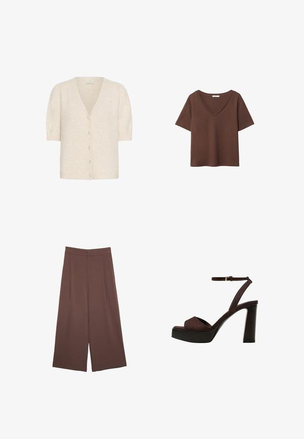 Kaffe MARINA - Jopica - sandshell cc; Rjava bombažna majica s kratkimi rokavi in globokim V-izrezom. Preprost dizajn, mehak material in raven rob. Brez vzorcev ali dekorativnih elementov.; Rjave široke hlače z gladko teksturo, ki imajo visok pas in sprednje naborke. Tkanina je lahka in prosto pada.; Rjave semiš sandale z visoko peto, odprto spredaj, z nastavljivim gležnjenjem in črtastim podplatom.