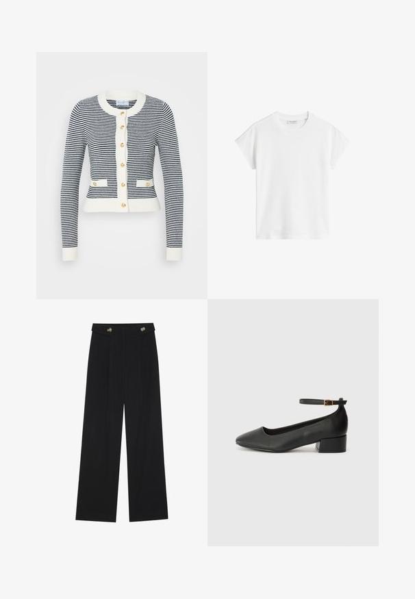 Marine- und weiß gestreifter Cardigan mit rundem Ausschnitt, gerippten Bündchen und goldenen Knöpfen. Verfügt über zwei aufgesetzte Taschen und eine verkürzte Länge.; Weißes kurzärmliges T-Shirt aus Baumwolle. Hat eine lockere Passform mit Rundhalsausschnitt und leicht gesenkten Schulternähten. Keine Muster oder Akzente.; Schwarze weite Hosen mit hoher Taille, Knopfdetails am Bund und vorderen Falten.; Schwarze Lederpumps mit spitzem Zehenbereich und niedrigem Blockabsatz. Mit einem Knöchelriemen und einer goldfarbenen Schnalle. Glatte Textur.