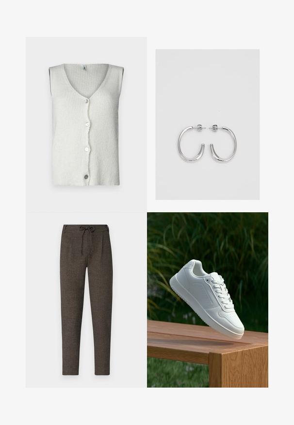 Gilet sans manches blanc en maille texturée, avec un décolleté en V profond et cinq boutons sur le devant, au design doux et décontracté.; Deux tops courts en coton, l'un blanc et l'autre noir. Chacun a un décolleté plongeant et des fines bretelles, offrant une texture lisse et douce.; Pantalons en marron foncé, texturés, avec une taille à cordon de serrage, des poches latérales et des jambes fuselées, fabriqués à partir d'un matériau doux.; Sneakers blanches avec une tige synthétique lisse, un avant perforé, des lacets plats et une semelle texturée, présentées sur une surface en bois.; Boucles d'oreilles en argent avec une finition lisse et brillante. Forme arrondie, conception légère, avec un fermoir à tige.