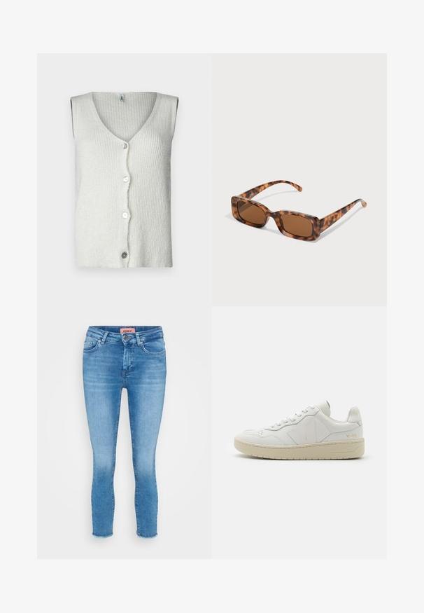 Sleeveless white cardigan made of textured knit fabric, featuring a deep V-neck and five buttons down the front, soft and casual design.; Three long-sleeve crop tops stacked, colors white, beige, and muted teal, with round necklines on a light gray background.; Light blue denim skinny jeans with a mid-rise waist, five-pocket design, and raw hem detail at the ankles. Brand label visible at the waist.; White leather sneakers with perforated toe box, contrasting beige rubber sole, and logo accents on the side and heel. Minimalist design.; Tortoiseshell sunglasses with rectangular brown lenses, a thick frame, and slim arms featuring a pattern of varying shades of brown.; Silver metal hoop earrings with a brushed texture, featuring a circular design and a clear post back for secure wear.