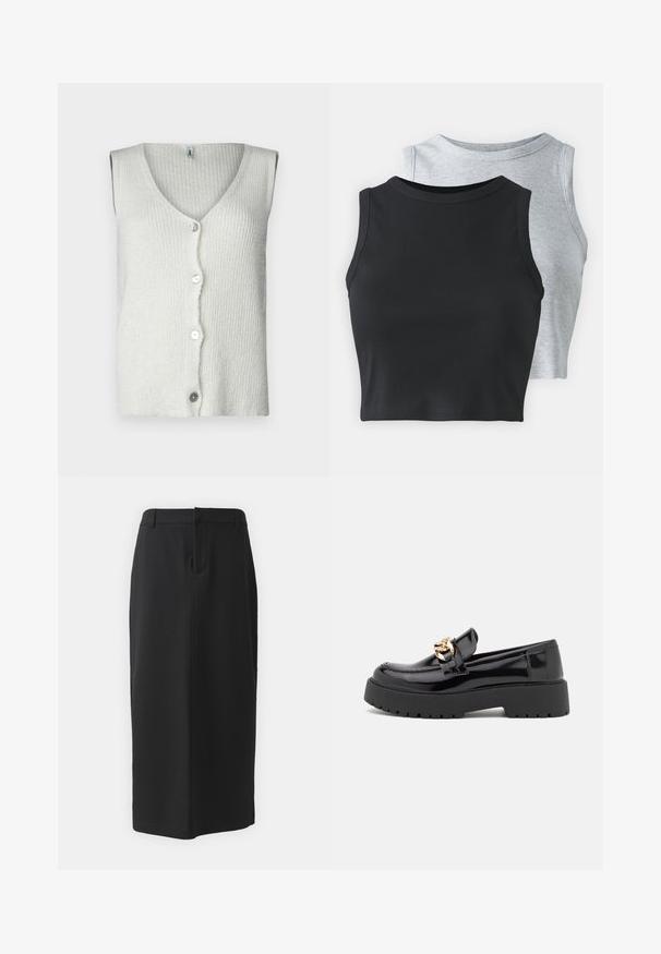 Bezrękawnik w kolorze białym, wykonany z teksturowanej dzianiny, z głębokim dekoltem w kształcie V i pięcioma guzikami z przodu, o miękkim i swobodnym fasonie.; Even&Odd Petite - Top; Czarna spódnica ołówkowa, do kolan, wykonana z gładkiego materiału. Ma rozcięcie z tyłu i boczne kieszenie, o prostym kroju i neutralnym kolorze.; Czarne lakierowane loafersy z masywną czarną podeszwą i złotymi detalami. Gładka tekstura i zaokrąglony kształt noska.