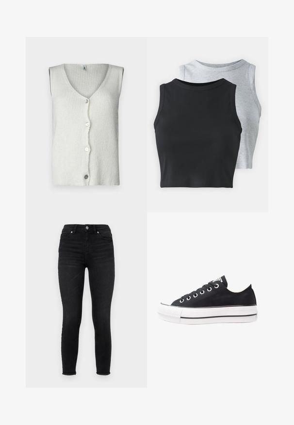 Sleeveless white cardigan made of textured knit fabric, featuring a deep V-neck and five buttons down the front, soft and casual design.; Even&Odd Petite 2 PACK - Top - light grey/black; Black skinny jeans made of denim, featuring a high waist, front pockets, and a frayed hem. Smooth texture with a classic five-pocket design.; Black canvas sneaker with white rubber sole, round toe, low-top design, metal eyelets, and a textured toe cap. Thin black stripe along the sole.