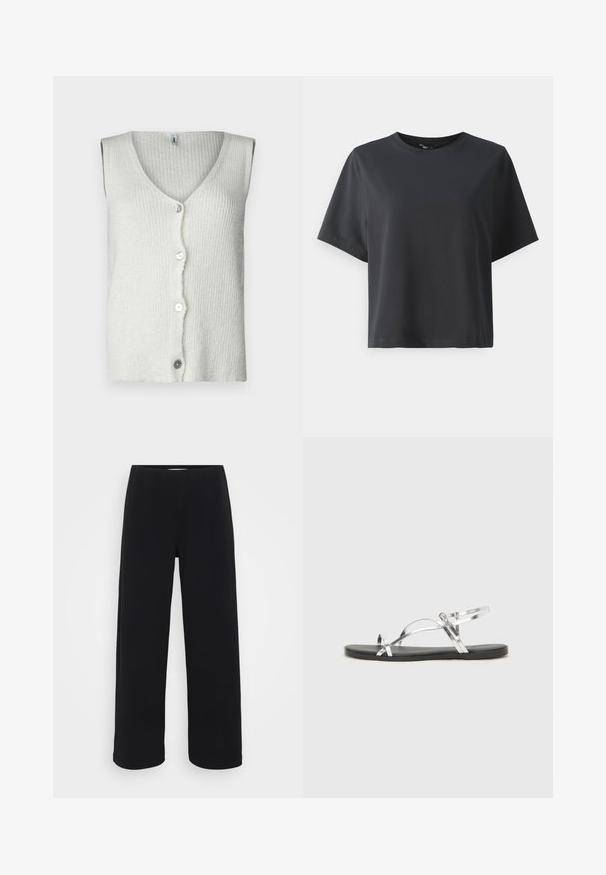Sleeveless white cardigan made of textured knit fabric, featuring a deep V-neck and five buttons down the front, soft and casual design.; Black cotton t-shirt, short sleeves, crew neck, relaxed fit, smooth texture, simple design, no patterns or accents.; Black wide-leg pants with an elastic waistband. Made from a textured material, featuring a loose fit and straight cut from hips to hem.; Silver metallic sandals with a minimal design, featuring thin straps and a black flat sole. Highlights include cross strap accents.