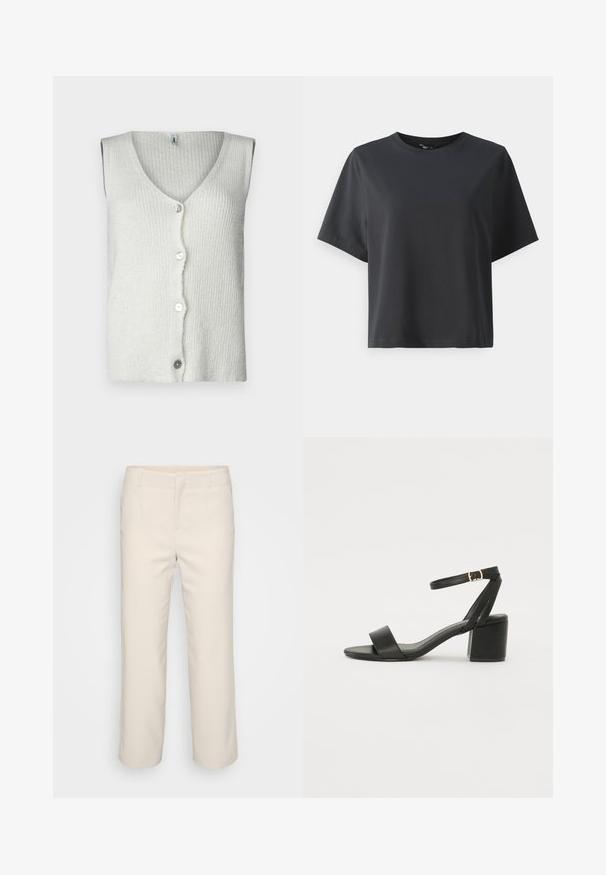 Cardigan alb fără mâneci, realizat dintr-un material tricotat texturat, având un decolteu adânc în V și cinci nasturi pe față, cu un design moale și lejer.; Tricou negru din bumbac, mâneci scurte, guler rotund, croială lejeră, textură netedă, design simplu, fără modele sau accente.; Pantaloni bej, croiți pe măsură, cu un design dreaptă, cu fața plată și două buzunare laterale. Realizați dintr-un material neted, cu un finisaj curat.; Sandale cu toc înalt negre, cu un superior din piele netedă, vârf deschis, curele frontale late și curea pentru gleznă ajustabilă cu detaliu din aur.