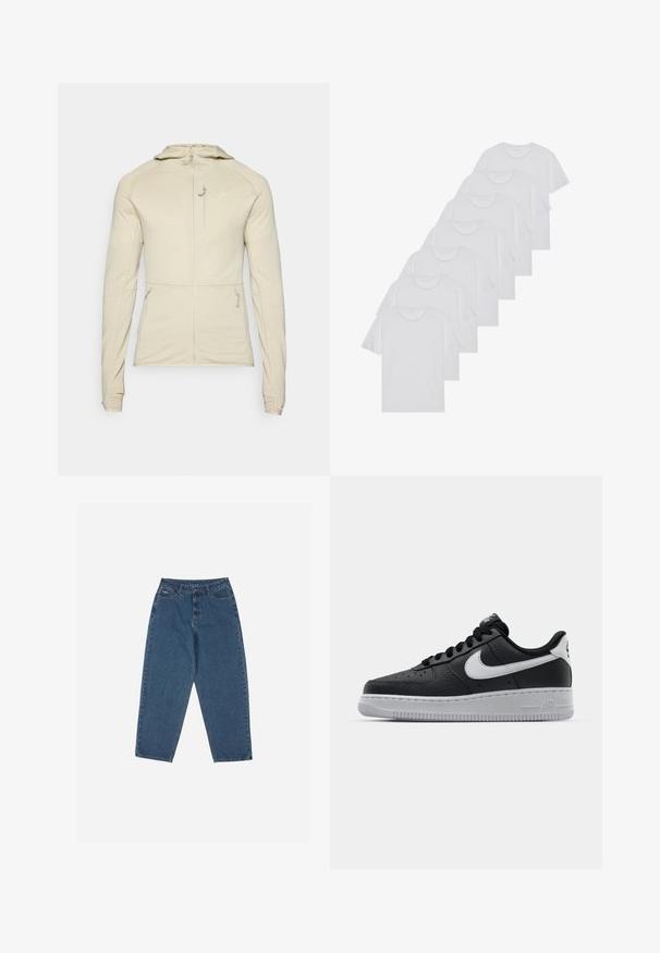 Beige zip-up jacket with a hood, textured fabric, two front pockets, and a chest pocket. Features a logo on the left side.; White cotton T-shirts, short sleeves, crew neck design, plain texture, stacked in a row, with subtle branding at the neckline.; Blue denim jeans with a relaxed fit, high waist, five-pocket design, and stitching accents. Features a button and zipper closure.; Black leather sneaker with textured surface, white Nike swoosh, gray sole, round toe, and lace-up design. Features perforations on toe box.