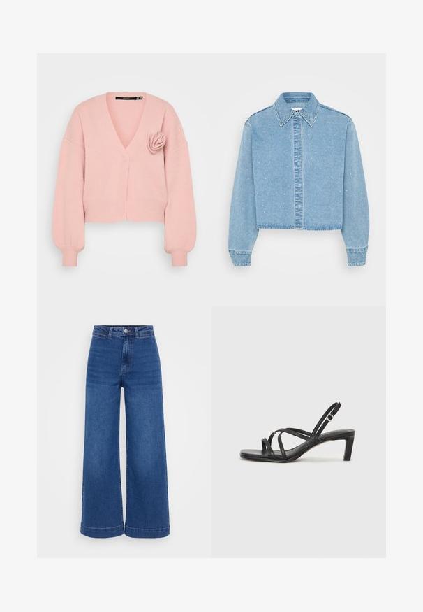 Rosa kurz geschnittene Strickjacke mit V-Ausschnitt, gerippten Bündchen und einem dekorativen Rosendetail auf der linken Seite. Weiche Textur, lässige Passform.; Abgeschnittene, hellblaue Jeansjacke mit einer Knopfleiste vorne, spitzem Kragen und verstreuten kleinen glänzenden Akzenten auf dem Stoff.; Hoch geschnittene, weite Jeans aus mittlerem blauen Denim mit Knopfverschluss, Gürtelschlaufen und einem sauberen Saum ohne Distressed-Effekte.; Schwarze Sandale mit Riemchen, quadratischer Zehenform und niedrigem Blockabsatz. Verfügt über mehrere dünne Riemen und einen verstellbaren Knöchelriemen. Hergestellt aus glattem Leder.
