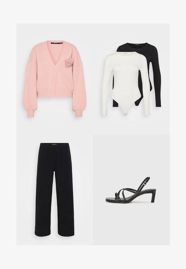 Rosa kort cardigan med V-hals, ribbede mansjetter og en dekorativ rose-detalj på venstre side. Myk tekstur, avslappet passform.; To langermagede bodysuit i hvit og svart. Laget av glatt stoff, med rund hals og en thong-bunn for en strømlinjeformet passform.; Svart bukser med vid benvidde og elastisk midjebånd. Laget av et strukturert materiale, med en løs passform og rett snitt fra hoftene til sømmen.; Sorte sandaler med stropper, firkantet tå og lav blokk hæl. Har flere tynne stropper og en justerbar ankelstropp. Laget av glatt lær.