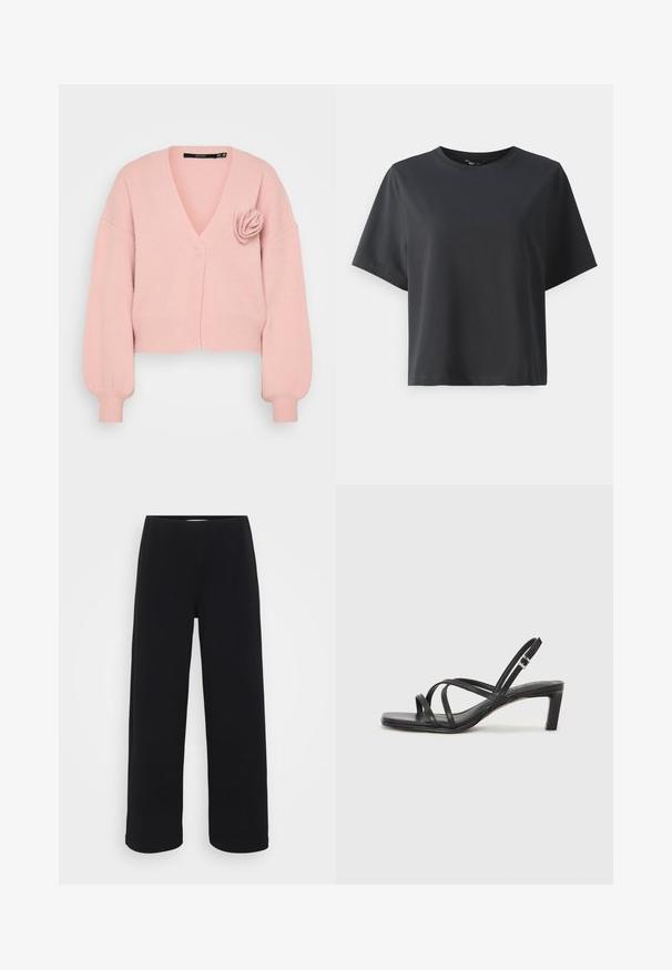 Pink cropped cardigan with a V-neck, ribbed cuffs, and a decorative rose detail on the left side. Soft texture, casual fit.; Black cotton t-shirt, short sleeves, crew neck, relaxed fit, smooth texture, simple design, no patterns or accents.; Black wide-leg pants with an elastic waistband. Made from a textured material, featuring a loose fit and straight cut from hips to hem.; Black strappy sandal with a square toe and a low block heel. Features multiple thin straps and an adjustable ankle strap. Made of smooth leather.