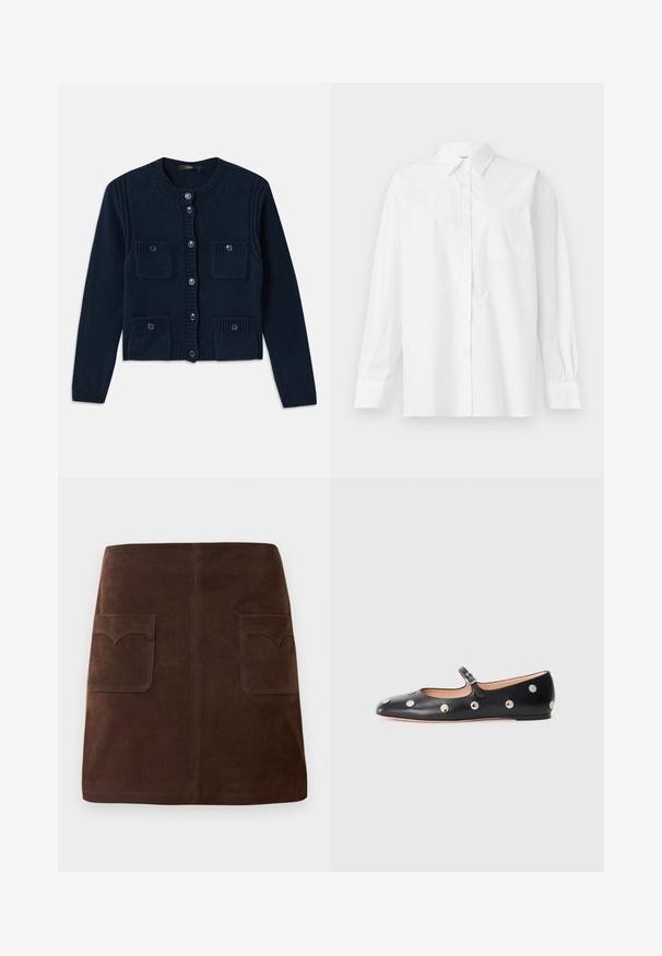 Marineblaue Strickjacke mit rundem Halsausschnitt, Knopfverschluss, gerippten Akzenten und zwei vorderen Taschen mit Klappen.; Weißes Langarmhemd aus Baumwolle mit klassischem Kragen, Knopfverschluss und einer Brusttasche auf der linken Seite.; Brauer Wildlederrock im klassischen A-Linien-Schnitt, mit zwei vorderen Taschen mit abgerundeten Klappen und dezenten Nähten.; Schwarze Leder-Mary-Jane-Ballenflats mit runder Zehenform, ausgestattet mit silbernen runden Nieten und einem verstellbaren Riemen mit Schnalle.