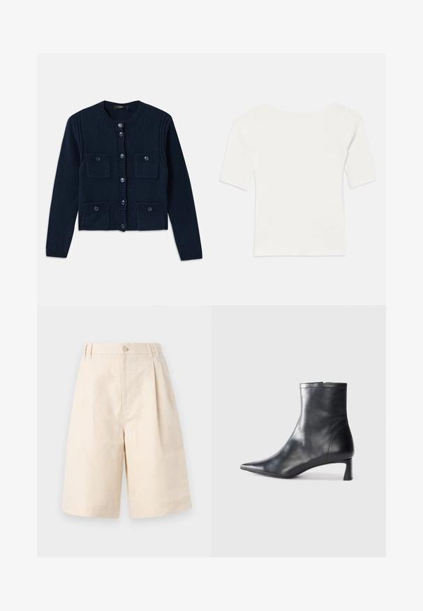 Granatowy sweter z dzianiny z okrągłym dekoltem, zapięciem na guziki, prążkowanymi akcentami oraz dwiema przednimi kieszeniami z klapkami.; Biała, prążkowana bluzka z krótkim rękawem i szerokim dekoltem. Tekstura posiada pionowe paski, podkreślające dopasowany krój i prosty design.; Beżowe lniane szorty o luźnym kroju, z zapięciem na guzik, plisowanym designie i długości sięgającej kolan. Gładka tekstura i prosty styl.; Czarne skórzane botki sięgające kostki z ostrym noskiem i eleganckim designem. Posiadają niski obcas oraz zamek błyskawiczny z tyłu. Gładka faktura.