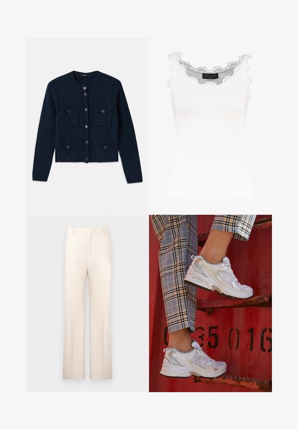 Sötétkék kötött kardigán kerek nyakkal, gombos záródással, bordázott részletekkel és két elülső zsebbel, amelynek fedéllel ellátott.; Fehér, bordázott ujjatlan felső csipkés díszítéssel a nyakán és az ujjakon. Puha tapintása és testhez simuló fazonja van. A márkajelzés látható belül.; Beige, egyenes szárú szabott nadrág, könnyű anyagból készült. Elöl redők és klasszikus derékpánt jellemzi.; Fehér hálós sportcipők ezüst részletekkel és texturált talppal, egy piros felületen elhelyezve, kockás nadrággal párosítva.