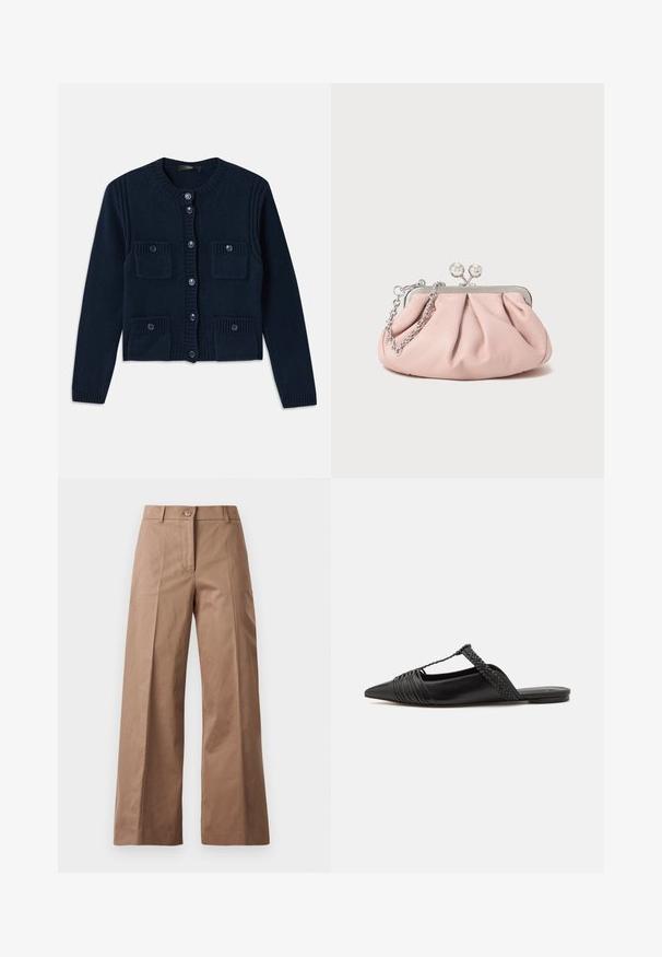 Marineblauwe gebreide cardigan met een ronde halslijn, knoopsluiting, geribbelde accenten en twee voorzakken met kleppen.; Witte, cropped, langemouwen shirt van katoen. Heeft een knoopsluiting aan de voorkant, een borstzak en een klein zwart logo op de linksonder.; Bruine wijde broek gemaakt van een gladde stof, met een voorknoopsluiting, twee zijzakken en strakke, op maat gemaakte lijnen.; Zwarte leren slingback schoen met een puntige neus, voorzien van een gevlochten accent en geplooid ontwerp aan de bovenkant. Platte zool met minimale hardware.; Roze leren clutch tas met een geplooid ontwerp, metalen frame, twee ronde sluitingen en een zilveren schouderband. Gladde textuur, compacte vorm.