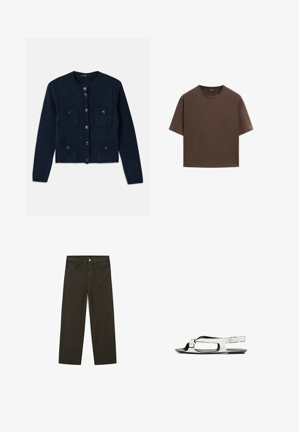 Marineblauwe gebreide cardigan met een ronde halslijn, knoopsluiting, geribbelde accenten en twee voorzakken met kleppen.; Bruine katoenen t-shirt, korte mouwen, ronde hals, relaxte pasvorm, gladde textuur, minimalistisch ontwerp, geen zichtbare patronen of accenten.; Donkergroene wijde jeans van een katoenmix, met een sluiting met een voorste knop, vijf zakken en klassieke denimstiksels.; Witte leren sandaal met een platte zool, open teenontwerp en een zijgesp. Heeft uitsparingen langs de zijkanten.