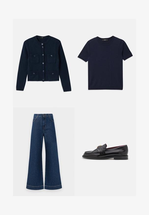 Cárdigan de punto azul marino con cuello redondo, cierre de botones, detalles acanalados y dos bolsillos frontales con solapas.; Camiseta de manga corta de color azul marino, fabricada con un tejido suave, con un escote redondo y bordes acanalados, textura suave y sin patrones visibles.; Jeans de mezclilla azul de pierna ancha con una cintura alta, que cuentan con un cierre de botón, pasadores para cinturón y detalles de costura sutil a lo largo de los bolsillos y los dobladillos.; Mocasines de cuero negro con un patrón de costura, textura suave, detalle de hebilla dorada y puntera redondeada, sobre una suela baja negra.