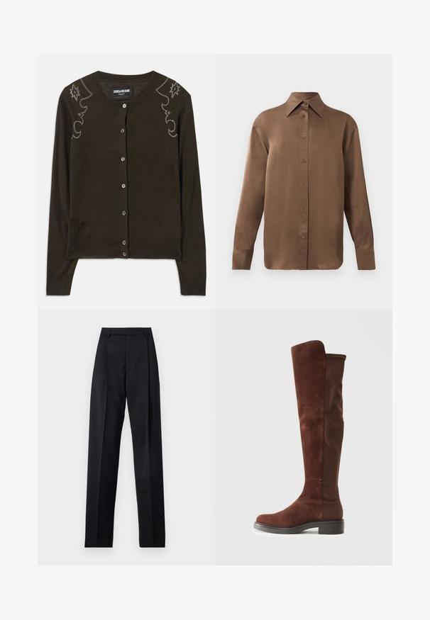 Cardigã castanho-escuro feito de tecido suave, com decote redondo, mangas longas e strass decorativos ao longo dos ombros.; Camisa branca de mangas longas com botões e colarinho pontudo, exibida contra um fundo branco liso.; Calças pretas feitas de um tecido suave, com uma cintura alta, pernas largas, pregas frontais e passadores de cinto clássicos. Não há bolsos laterais visíveis.; Bota alta em camurça marrom e tecido, com salto baixo preto e bico arredondado, apresentada em vista lateral sobre fundo branco liso.