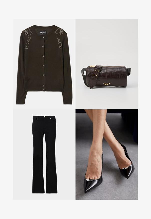 Donkerbruine cardigan van zachte stof, met een ronde halslijn, lange mouwen en decoratieve rhinestones langs de schouders.; Zwarte blouse gemaakt van zachte stof, met een vetersluiting in de halslijn en een bloemenpatroon. Lange, opgeblazen mouwen en een losse pasvorm maken het ontwerp compleet.; Zwarte flared jeans van denim, met twee voorzakken, een knoopsluiting en een gladde textuur. Kenmerkende stiksels zichtbaar bij de naden.; Zwarte leren hoge hakken met een spitse neus en open ontwerp, voorzien van een decoratief zilveren accent. Gladde textuur met een gepolijste afwerking.; Bruine krokodil-embosserende leren tas met een cilindervorm, gouden hardware en een afneembare schouderband met studs.
