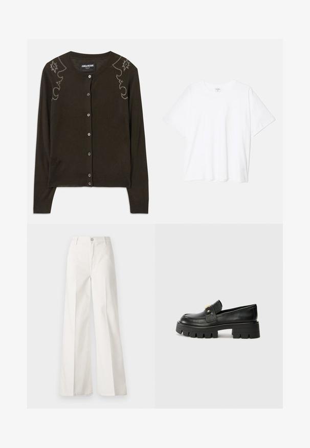 Tamno smeđa kardigan napravljena od mekog materijala, sa okruglim izrezom, dugim rukavima i dekorativnim kristalićima duž ramena.; Bijela pamučna majica s kratkim rukavima, okruglim izrezom, opuštenim krojem i šivenim rubom. Etiketa je vidljiva na unutarnjoj strani vrata.; Bijele široke hlače izrađene od pamuka s glatkom teksturom. Imaju prednji gumb, patentni zatvarač i dizajn s četiri džepa.; Crne kožne loafersice s debelim potplatom, s zlatnim akcentom sprijeda i glatkim završetkom. Debeli uzorak na potplatu.