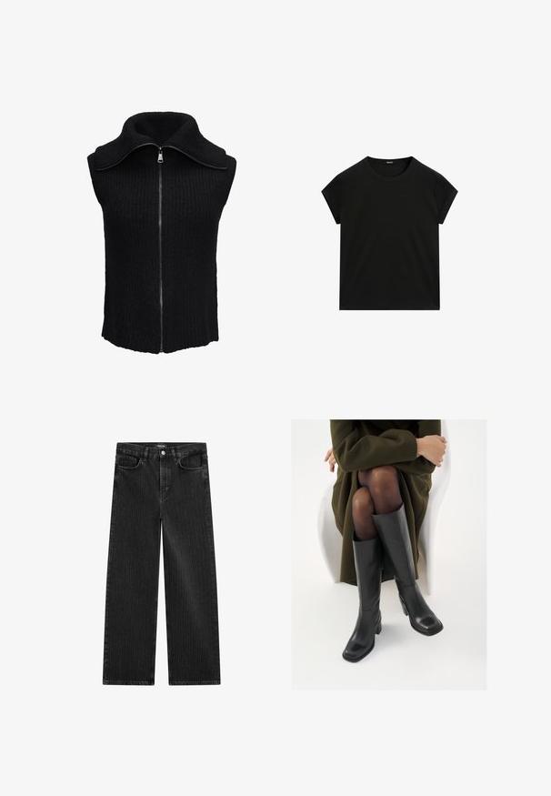 Zwarte mouwloze vest met hoge kraag, gemaakt van textuurstof. Voorzien van een rits aan de voorkant en een geribbelde patroon voor extra detail.; Zwarte t-shirt met korte mouwen en ronde hals, met een rechte zoom, plat weergegeven op een witte achtergrond.; Wijd gesneden zwarte denim jeans met een subtiel verticaal streepmotief, voorzien van een vijfzakkenontwerp en een klassieke knoopsluiting bij de taille.; Knieschijf hoge zwarte leren laarzen met een vierkante neus en blokhak, getoond met een model dat zit in een olijfgroene jas. Gladde textuur, minimale details.