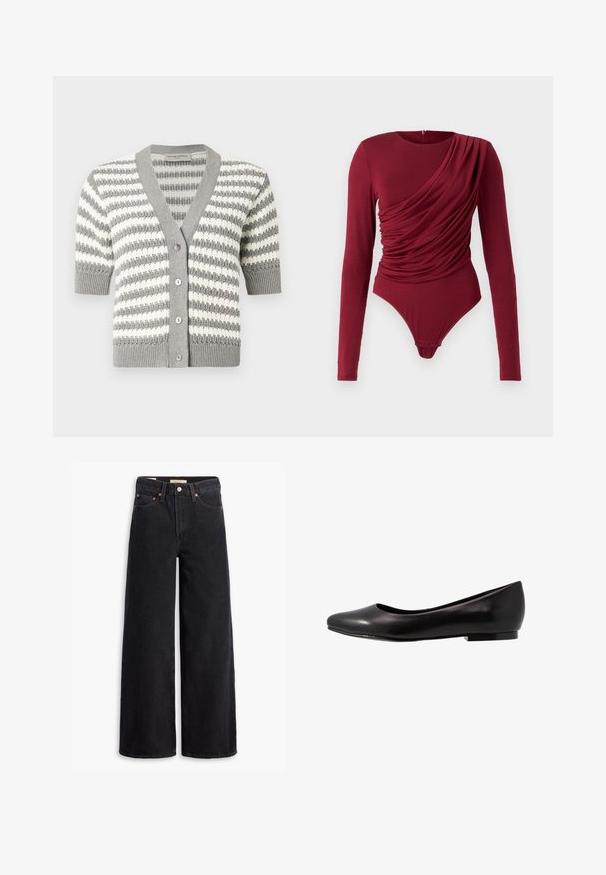 Cardigan listrado em cinza e branco com mangas curtas, decote em V e cinco botões. Textura em malha com bordas caneladas.; Bodysuit de mangas longas em vermelho profundo, com tecido drapeado, decote em forma de coração e fecho de pressão na parte inferior, feito de material elástico e suave.; Jeans pretos de perna larga feitos de denim, com cinco bolsos, rebites de cobre e um fecho de botão clássico. Textura suave com um design limpo.; Sapatilha preta feita de couro brilhante, com bico arredondado e sola baixa e plana. Tem uma textura suave com um design simples e elegante.