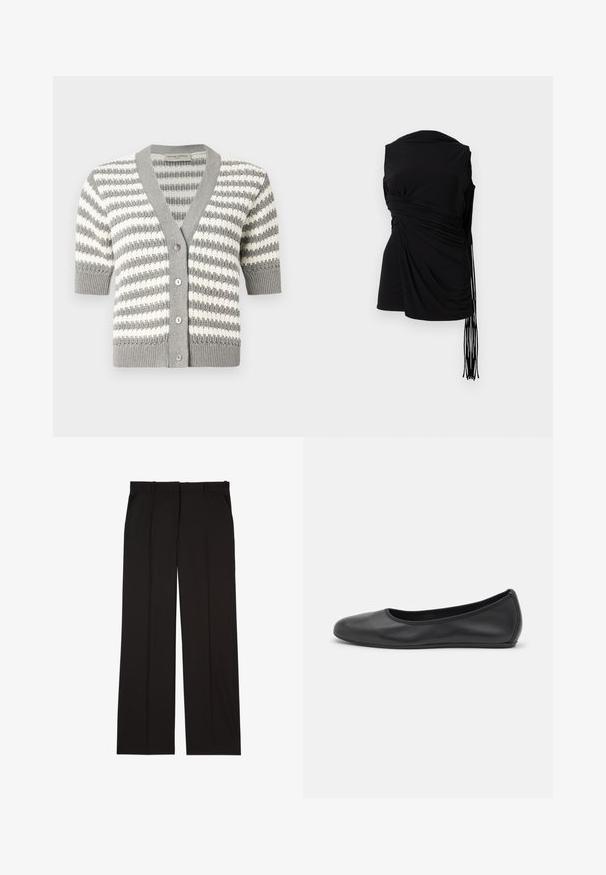 Cardigan listrado em cinza e branco com mangas curtas, decote em V e cinco botões. Textura em malha com bordas caneladas.; Top preto sem mangas com tecido drapeado, franzido lateral e detalhe de franjas alongadas, apresentando uma textura suave e uma silhueta ajustada.; Calças pretas sob medida feitas de um tecido suave, com um design de perna reta e dois bolsos laterais. Construção elegante e minimalista.; Bailarina preta em pele com bico arredondado, textura suave, detalhe de costura minimalista e design de sola flexível.