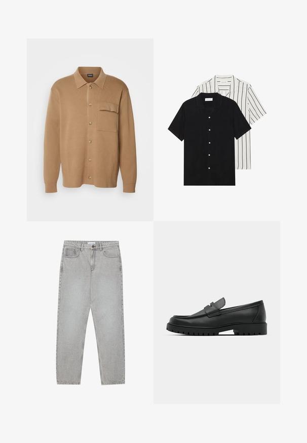 BOSS DELWINO - Cardigan - open beige; Two short-sleeve shirts: one solid black, one white with black vertical stripes. Both feature button closures and a classic collar.; Light grey denim pants with a straight-leg design, five-pocket styling, and a button closure. Visible stitching along the seams.; Black leather loafers with a rounded toe, featuring a stitched design, low platform sole, and a textured, lugged rubber outsole.