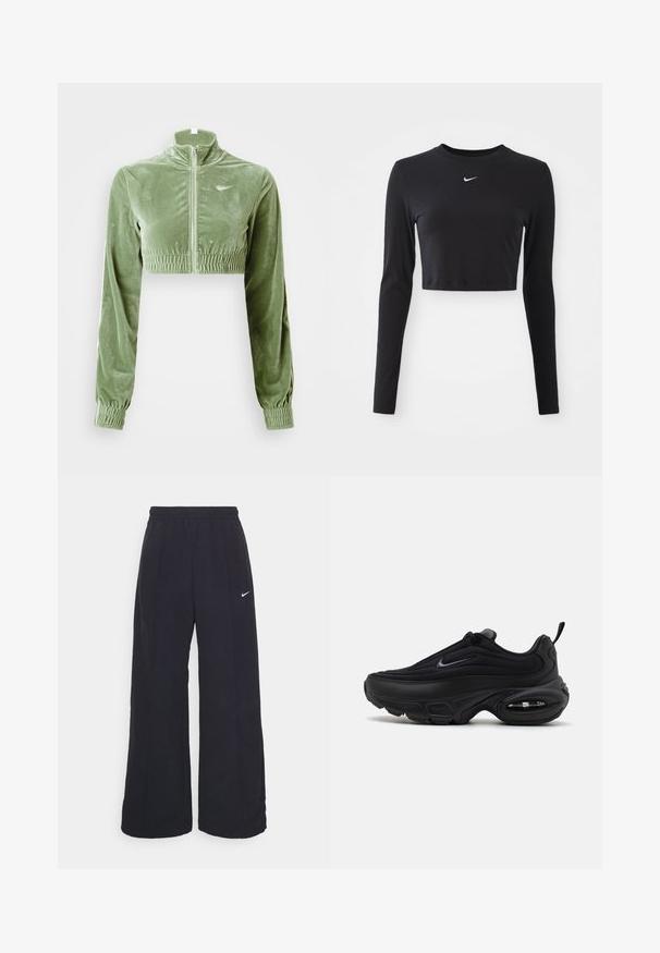 Grön sammetsjacka i croppad stil med hög krage, dragkedjesslutning, elastisk nederkant och ärmar. Har en diskret logotyp på vänster bröst.; Svart långärmad kort topp i slätt tyg, med rund halsringning och en vit Nike-logotyp på bröstet.; Svarta byxor med vida ben, elastisk midja och en liten vit Nike-logotyp. Tyget har en slät yta, designad för komfort och avslappnad användning.; Svart atletisk sko med en slät, texturerad ovandel. Har en rund tå, vadderad krage och synlig luftkuddning i sulan.