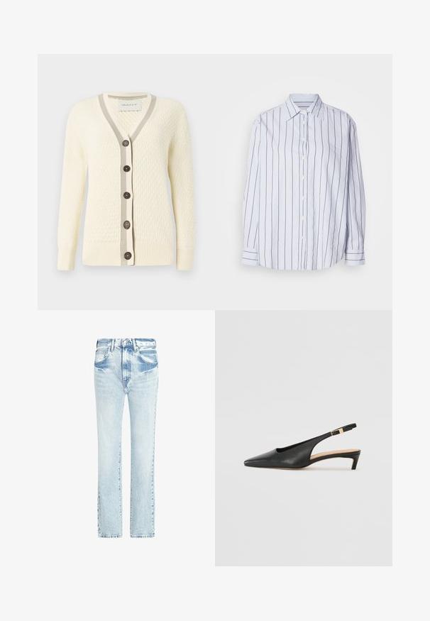 Kremveida kardigāns ar teksturētu rakstu, V-veida kaklu, kontrastējošu pelēku ribotu apdari un piecām tumšām pogām priekšpusē. Mīksta auduma, garas piedurknes.; Baltā krekliņa ar šaurām tumši zila vertikālām svītrām, pogu priekšpuse, punkta apkakle, garas piedurknes ar pogām, mīksts audums, brīvs piegriezums.; Gai zili džinsi ar taisnu kāju dizainu, piecām kabatām un nolietotu tekstūru. Iekļauj redzamas šuves un klasisku pogu aizdari.; Melnas ādas siksniņu kurpes ar norādītu purngalu, zemu papēdi un regulējamu potītes siksniņu ar zelta tonēta sprādzi. Gluda tekstūra.