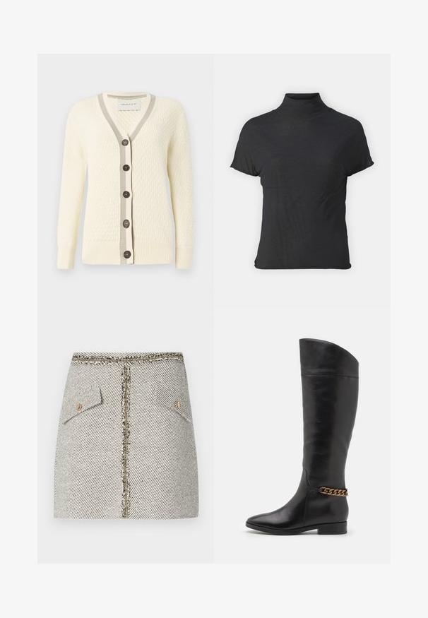 Cardigan crema con un motivo testurizzato, scollo a V, rifiniture a coste grigie in contrasto e cinque bottoni scuri sul davanti. Tessuto morbido, maniche lunghe.; Top nero a maniche corte e colletto alto, realizzato in tessuto leggero con una superficie liscia e dalla forma aderente, caratterizzato da un collo alto.; Gonna in tweed intrecciato con un motivo a spina di pesce bianco e nero, dotata di due tasche frontali e una zip dorata sul retro con bordi sfrangiati.; Alti stivali in pelle nera dal design elegante, punta affusolata e dettagli in catena dorata alla caviglia. Tacco a blocco basso. Texture liscia.