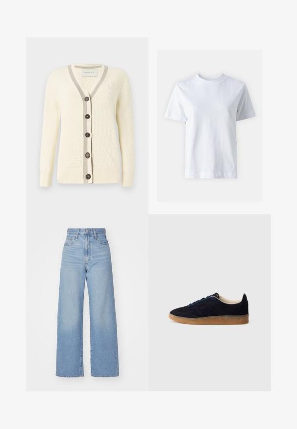 Kremveida kardigāns ar teksturētu rakstu, V-veida kaklu, kontrastējošu pelēku ribotu apdari un piecām tumšām pogām priekšpusē. Mīksta auduma, garas piedurknes.; Balta kokvilnas T-krekls ar apaļu izgriezumu, īsām piedurknēm, taisnu griezumu un gludu tekstūru. Nav rakstu vai rotājumu.; Gaiši zili augstās jostas vidukļa platās bikses ar priekšējo pogu un rāvējslēdzēju, priekšējām un aizmugurējām kabatām uz baltā fona.; Naktī zilas zamšādas sporta kurpes ar gumijas zoles gumiju, zilām šņorēm un minimālistisku dizainu. Sānos ir iespiests logotips un gluda iekšējā odere.