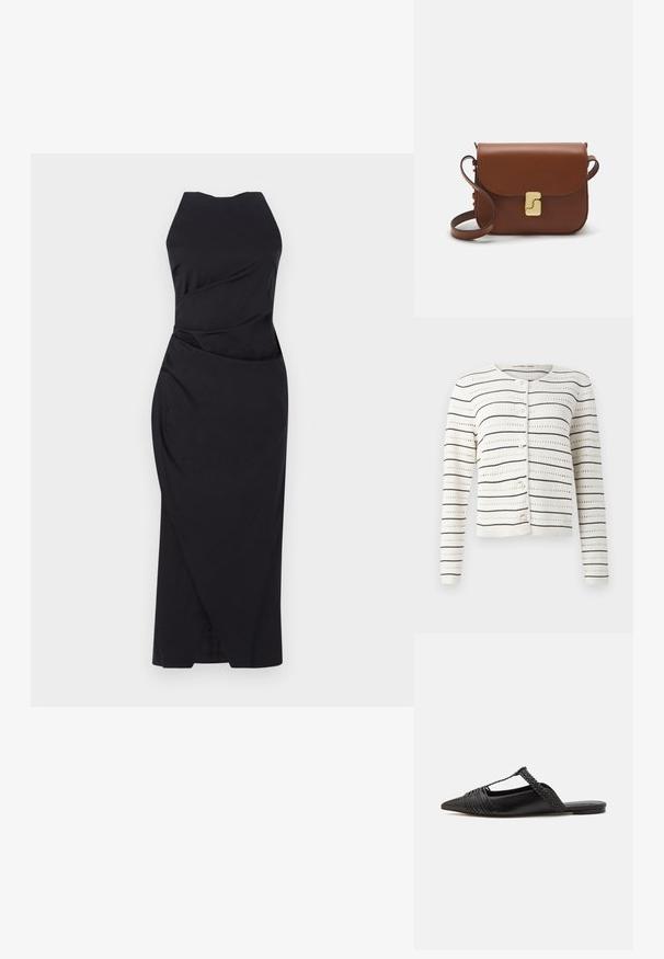 Weißer Cardigan mit schwarzen horizontalen Streifen und Lochmuster. Verfügt über einen runden Halsausschnitt und perlenartige Knöpfe entlang der Vorderseite.; Marella ELEGIA - Cocktailkleid/festliches Kleid - nero; Schwarzer Leder-Slingback-Schuh mit spitzem Zehenbereich, ausgestattet mit einem geflochtenen Akzent und einem gefalteten Oberdesign. Flache Sohle mit minimalem Zubehör.; Braune Ledertasche mit Klappenverschluss, Beschlägen in Goldfarbe, einem Schultergurt und einer glatten Oberfläche. Kompakte rechteckige Form.