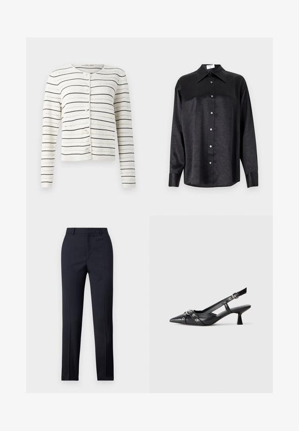 Bijela kardigan sa crnim horizontalnim prugama i otvorenim uzorkom. Ima okrugli izrez i dugmad koja nalikuju biserima duž prednje strane.; Crna košulja dugih rukava s ovratnikom, s naboranom teksturom, potpuno dugmadi naprijed i manžetama. Izrađena od glatkog materijala.; Mornarsko plave krojene hlače ravnog kroja, sa glatkom teksturom, dvije prednje džepove i urednim pojasom.; Crne kožne cipele s remenom oko pete, s izduženim vrhom, dekorativnim trakama s metalnim rupama i niskom blok petom. Teksturirana površina.