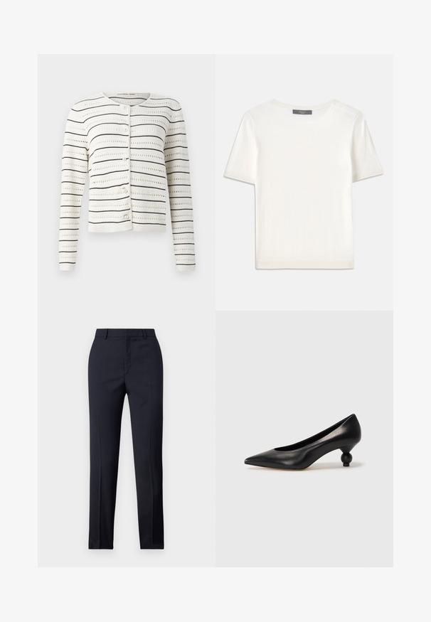 White cardigan with black horizontal stripes and openwork pattern. Features round neckline and pearl-like buttons along the front.; White short-sleeve knit top with a round neckline, featuring a smooth texture and subtle ribbed accents at sleeves and hem.; Navy tailored trousers with a straight cut, featuring a smooth texture, two front pockets, and a clean waistband.; Black leather high heel shoe with a pointed toe and a round, balled heel. Smooth texture with a sleek, minimal design.