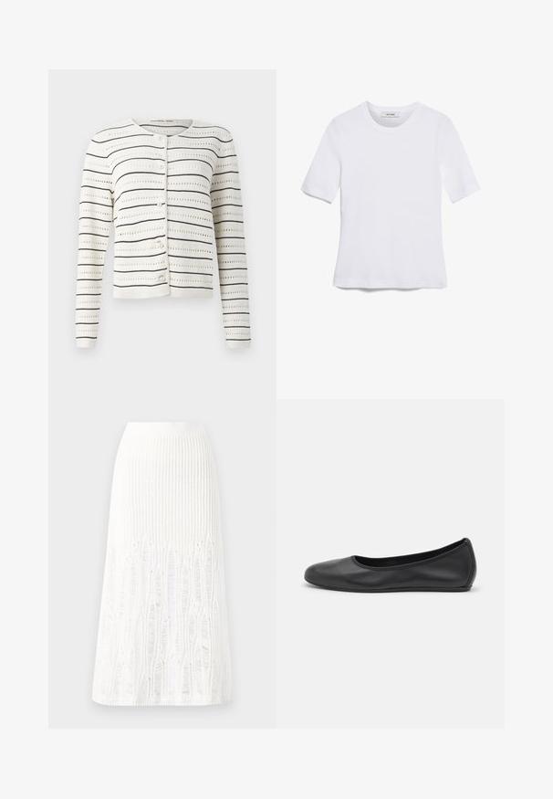 Bílý kardigan s černými horizontálními pruhy a krajkovým vzorem. Má kulatý výstřih a perlové knoflíky podél přední části.; Bílá tričko s krátkým rukávem vyrobené z žebrované tkaniny. Kulatý výstřih, normální střih a jemné detaily šití. Bez vzorů nebo grafik.; Pletená bílá midi sukně s texturovaným vzorem a vertikálními pruhy a výřezovými detaily podél spodního okraje. Elastický pas. Měkký materiál.; Černé kožené baletní byty s kulatou špičkou, hladkou texturou, minimálními švy a flexibilním designem podrážky.