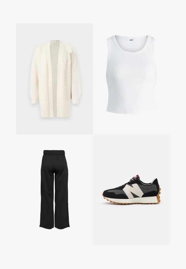 Krémový pletený kardigán s otvoreným predným dielom, dlhými rukávmi, rebrovanými manžetami a lemom, s textúrovaným vzorom po celom povrchu.; Biely rebrovaný tielko s okrúhlym výstrihom, bez rukávov a krátkou dĺžkou. Štítok znie "JJXX." Hladká textúra látky.; Čierne široké nohavice s elastickým pásom, vyrobené z hladkej tkaniny. Majú jednoduchý dizajn, bez vreciek alebo viditeľných švíkov.; Čierne a sivé semišové tenisky s veľkým krémovým logom "N", fialovými šnúrkami a textúrovanou gumovou podrážkou.