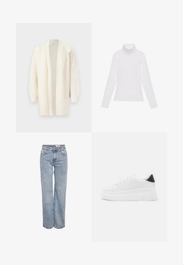 Kreemjas tooni kudumiga kardigan, millel on avatud esiosa, pikad varrukad, soonikkoes mansetid ja äär, ning millel on kogu pinnal tekstuuriline muster.; Valge pikkade varrukate turtleneck-särk, mis on valmistatud siledast ja venivast kangast. Omab kõrget kraed ja keha lähedast lõiget, ilma nähtavate mustrite või kaunistusteta.; Heledad sinine laia jalaeest, valmistatud denimist, kõrge vöökohaga, viie tasku disainiga ja kerge tuhmumisega, mis annab kulunud välimuse.; Valged platvormsneakerid, mis on valmistatud siledast sünteetilisest materjalist, ovaalse toe, paelkinnise disaini ja tekstuurse kummitaldiga. Must kontsrihm.