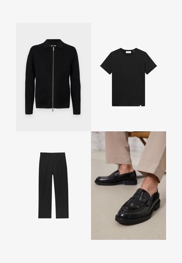 Črn dolgi pleteni kardigan z zlatim sprednjim zadrgo in majhnim ovratnikom, prikazan na enobarvni svetli ozadju.; Črn kratkolasasti T-majica iz bombaža z okroglim izrezom in majhnim logotipom vezenim na prsih. Gladka tekstura, standardna prileganja.; Črne hlače z ravnim krojem, narejene iz gladkega materiala. Imajo sprednje gube in enojno zaponko na pasu.; Črne usnjene loafer čevlje z gladko površino, ki imajo okrasno zaponko in kontrastno šivanje, v kombinaciji s bež hlačami.