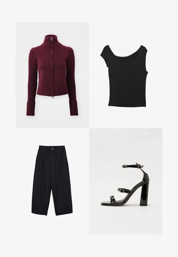 Weekday WINONA ZIP CARDIGAN - Cardigan - dark red; Black short-sleeve top made of smooth fabric; features a draped neckline and an asymmetrical hemline, with a fitted body.; Black polyester culotte pants with an elastic waistband, two front pleats, and a loose silhouette. No visible patterns or hardware details.; Black patent heeled sandals with a square toe, ankle straps, and silver buckles. Features a chunky block heel for stability.