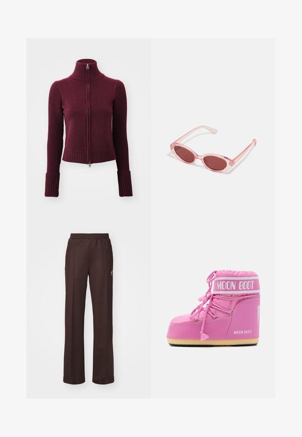 Weekday WINONA ZIP CARDIGAN - Cardigan - dark red; Pink sleeveless top with a front knot detail, featuring thin straps and a soft, smooth texture. Casual design with a relaxed fit.; Brown athletic pants with an elastic waistband, two side pockets, and a small logo on the left side, made from a soft fabric.; Pink Moon Boot with a high top, textured fabric, decorative laces, and a branded strap. Features a durable sole for stability.; Pink transparent sunglasses with oval lenses, dark red tint, and slender arms, featuring a smooth finish and subtle detailing on the frame.