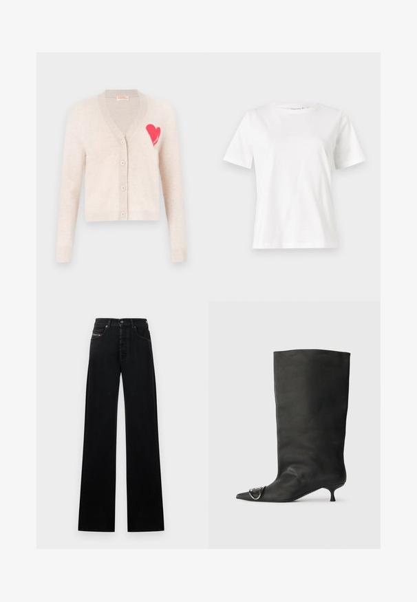 Bež kardigan s v-izrezom, dugim rukavima i ružičastim srcem na lijevoj strani prsiju. Ima pet dugmadi i rebrasta manžeta.; Bijela pamučna majica s kratkim rukavima, okruglim izrezom i opuštenim krojem. Glatka tekstura, bez uzoraka ili akcenata, minimalistički dizajn.; Crne traper hlače širokih nogavica od trapera, s prednjim zatvaračem na gumbe, pet džepova i malom logotipom na pojasu.; Crna kožna čizma do gležnja s šiljastim vrhom, malim potplatom i metalnim detaljem na vrhu. Glatka, mat tekstura kroz cijelu čizmu.