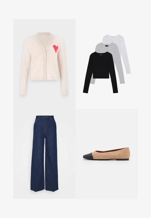 bézs kardigán V-nyakkal, hosszú ujjal, és egy rózsaszín szívmintával a bal mellrészen. Öt gombbal és bordázott mandzsettákkal rendelkezik.; Három hosszú ujjú póló egymásra rakva: fekete, szürke és fehér. Mindegyiknek kerek nyaka van, és rövidített fazonnal rendelkezik, sima, könnyű anyagból készült.; Magas derekú, széles szárú sötétkék farmernadrág elöl és hátul zsebekkel, gombos záródással és látható varrási részletekkel.; Beige velúr balettcipő fekete bőr kerek orral, alacsony sarokkal és sima textúrával, minimális varrással és letisztult dizájnnal.