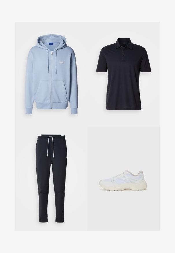 Gaiši zils estakdas džemperis, izgatavots no mīkstas auduma, ar kenguru kabatu, regulējamu kapuci ar saiti un mazu baltu logotipu uz krūtīm.; Tumši jūras zila īsām piedurknēm polo krekls ar apkakli un trim pogām, uz vienkārša, gaiša fona.; Melnas pieguļošas jogger bikses ar baltu auklu, elastīgu jostasvietu ar baltām svītrām un mazu baltu logotipu augšstilbā.; Baltas sporta apavi, kas izgatavoti no sieta un zamšāda, ar teksturētu starpzoli, teksturētām akcentēm un "HUGO" logo sānos.