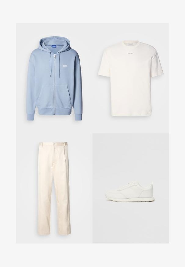Lys blå hettejakke med glidelås laget av mykt stoff, med kengurulomme, justerbar snorhette og en liten hvit logo på brystet.; Hvit bomulls T-skjorte med rund hals, korte ermer og brodert "Calvin Klein" logo i midten av brystet. Enkel design.; Beige bomullsbukser med rett benfatt, med knappelukking og folder foran for ekstra detaljer.; Hvit sneaker med en mesh- og syntetisk overdel, rund tå, flate lisser og en teksturert sidestropp. Gummisåle med en pull-tab bak.