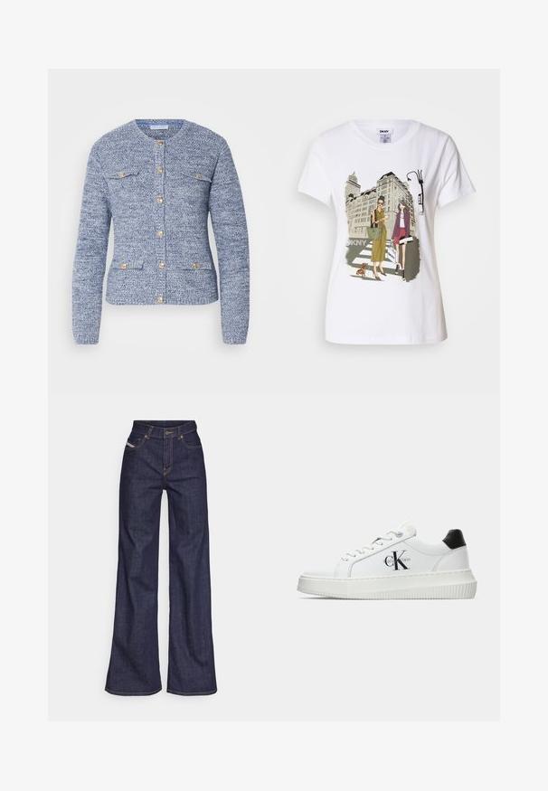 Cardigan texturat albastru, cu guler rotund, maneci lungi, nasturi aurii și două buzunare frontale cu petice. Proiectat cu o formă ajustată.; T-shirt alb din bumbac, cu o ilustrație imprimată ce înfățișează două femei în stiluri de modă urbană, alături de un câine pe o trecere de pietoni și clădiri ale orașului.; Blugi taille mare, de culoare albastru închis, din material denim, cu croială largă, cu cusături portocalii, design cu cinci buzunare și închidere cu nasture.; Adidași albi cu glezna joasă, cu tab-ul de călcâi negru, talpă platformă, șireturi și logo-ul "CK" de la Calvin Klein pe lateral.
