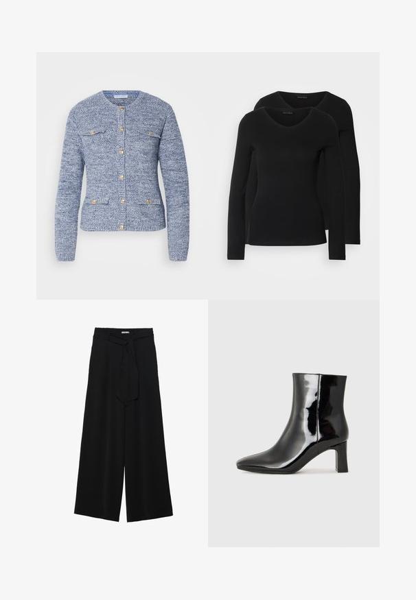 Sininen teksturoitu neuletakki, jossa on pyöreä pääntie, pitkät hihat, kultaiset napit ja kaksi etutaskua. Suunniteltu istuvaksi.; Kaksi mustaa pitkähihaista paitaa V-aukkolla, valmistettu pehmeästä ja joustavasta kankaasta, joka osoittaa sileää tekstuuria ja istuvaa muotoa.; Mustat leveät housut, joissa on teksturoitu kangas, joustava vyötärö ja irrotettava nauha vyötäröllä säädettävää istuvuutta varten.; Musta patenttilakattu nilkkuri, jossa on terävä kärki ja keskipitkä lohkarekorko. Silkkinen pinta ja minimalistinen muotoilu.