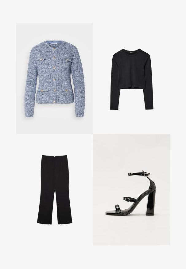 Sininen teksturoitu neuletakki, jossa on pyöreä pääntie, pitkät hihat, kultaiset napit ja kaksi etutaskua. Suunniteltu istuvaksi.; Mustat pitkät hihat lyhyt toppi, jossa on pyöreä kaula-aukko, yksinkertainen muotoilu ja hieman kaareva helma.; Mustat housut suoralinjaisella leikkauksella, joissa on etutaskut ja sivurei'ät helman alla. Valmistettu pehmeästä ja sileästä kankaasta. Sopii eri tilaisuuksiin.; Musta kiiltäväpintainen korkokengät, joissa on kaksi solkikiinnitystä, neliönmuotoinen kärki ja paksu korko, sileällä, kiiltävällä pintarakenteella.