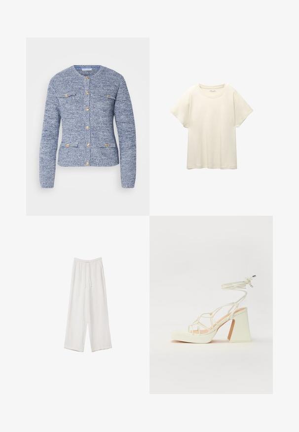 Plavi teksturirani cardigan s okruglim izrezom, dugim rukavima, zlatnim gumbima i dva prednja džepa na zakrpu. Dizajniran s prilagođenim oblikom.; Svijetlo bež majica kratkih rukava s okruglim izrezom, izrađena od meke, glatke tkanine. Karakterizira je opušteni kroj i ravni rub.; Bijele hlače širokih nogavica napravljene od lagane tkanine. Imaju elastičan pojas s ušicom i bočne džepove. Glatka tekstura.; Bijela sandala na visokoj potpetici s debelim petom, s remenom i vezanjem oko gležnja. Glatka tekstura s platformom sprijeda za dodatnu visinu.