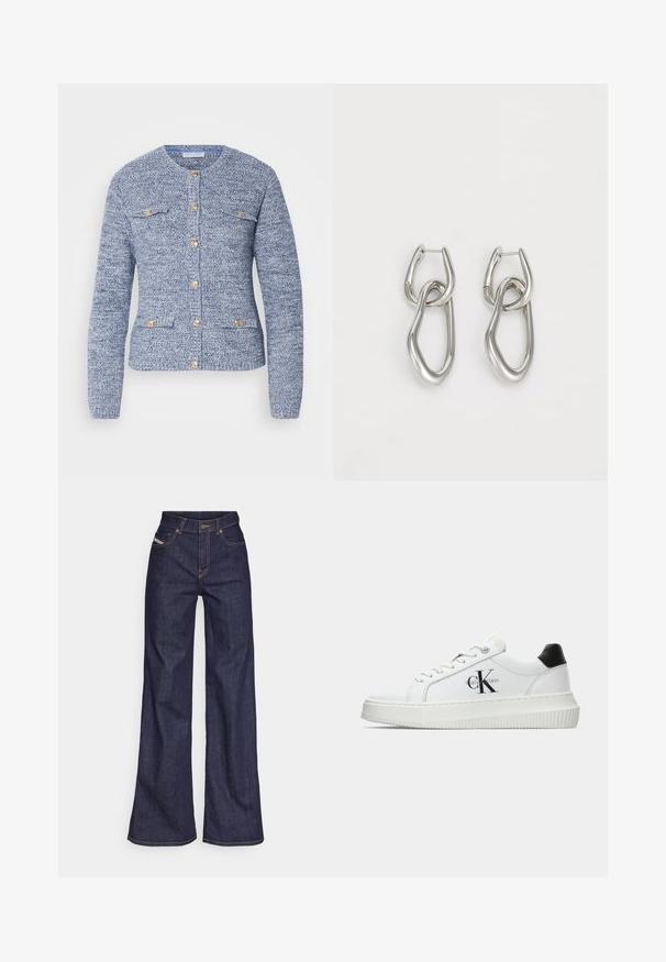 Mėlynas tekstūruotas kardiganas su apvalia iškirpte, ilgomis rankovėmis, auksinėmis mygtukais ir dviem priekinių kišenėmis. Sukurtas su prigludusia forma.; Balta trumpa rankovėmis marškinėliai pagaminti iš medvilnės. Yra su apvalia iškirpte ir sklandžiu paviršiumi, minimaliai matomi siūlai apvade.; Tamsiai mėlynos plačios kojų džinsinės kelnės iš denimo audinio su aukštu liemeniu, su oranžinėmis siūlėmis, penkių kišenių dizainu ir sagčių užsegimu.; Balti žemakulniai bateliai su juodu kulno dangteliu, platformos padu, raišteliais ir Calvin Klein "CK" logotipu šone.; Calvin Klein STATEMENT LINKS - Auskarai - silver-coloured