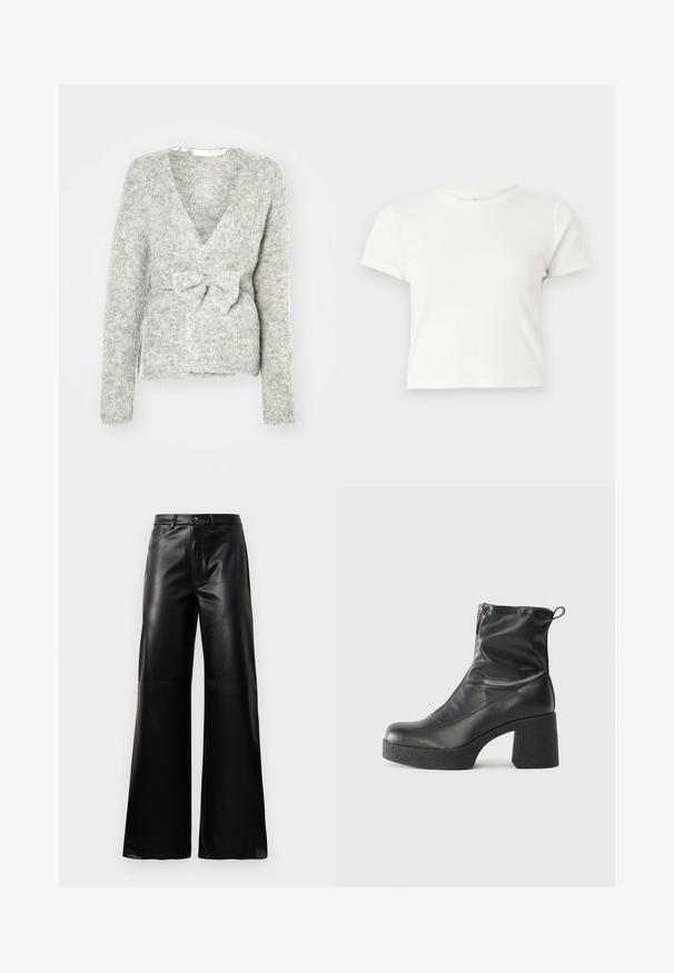 Cardigan gri tricotat cu decolteu în V, mâneci lungi și detaliu cu legare în față. Textură moale, cu o croială lejeră și un model subtil de heather.; Tricou scurt, alb, din bumbac, cu mâneci scurte, decolteu rotund și margine dreaptă, având o textură netedă și un design minim.; Pantaloni negri cu talie înaltă, largi, din piele sintetică, cu nasture frontal, închidere cu fermoar, bucle pentru centură și buzunare laterale pe fundal alb.; Bocanci negri de glezna din piele netedă, cu fermoar lateral, toc texturat și masiv, și design cu vârf rotund.