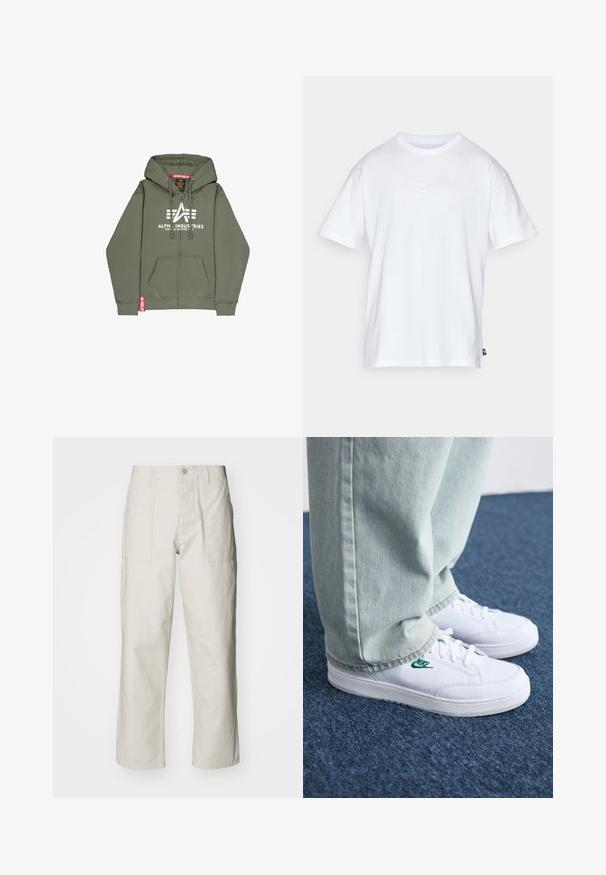 Zeleno-oljčna zip-up dukserica iz mešanice bombaža. Ima sprednji žep, belo natisnjen logo in rdečo oznako na robu.; Bela bomba iz bombaža s kratkimi rokavi in okroglo ovratnikom. Ima majhen, diskreten Nike logotip na prsih in stranski etiket.; Svetlo bež široke hlače iz bombaža. Imajo sprednje žepe in gumbasto zapiranje. Gladka tekstura z subtilnimi navpičnimi črtami.; Bela usnjena športna obutev z zelenim Nike logotipom, okrogla konica, ravna podplat, v kombinaciji z svetlo modrimi kavbojkami, prikazana na modrem preprogu.